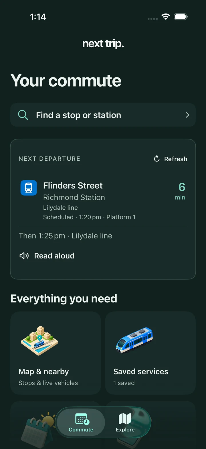 Genuine Time to Board dashboard showing a six-minute scheduled Richmond to Flinders Street departure