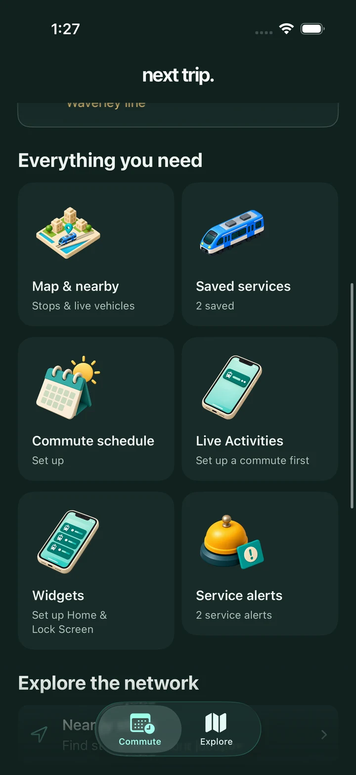 Time to Board’s feature grid with maps, saved services, commute schedules, Live Activities, widgets and service alerts