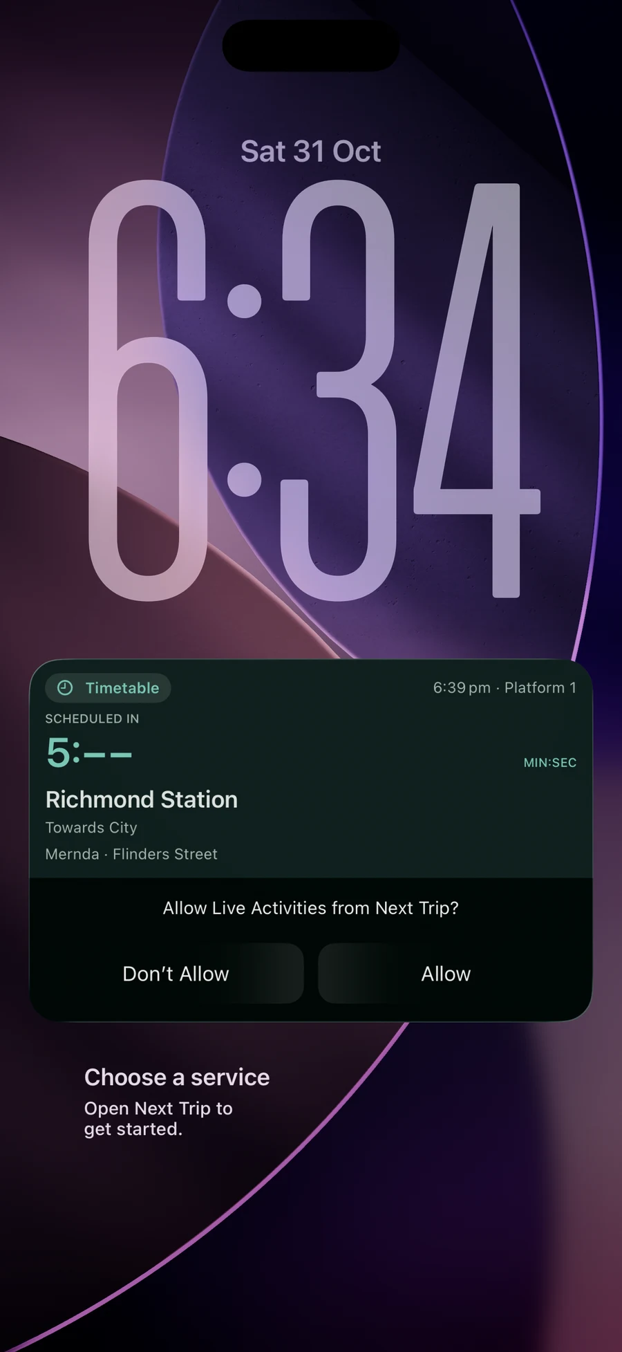 Native Time to Board Live Activity on the Lock Screen, with an example timetable departure and the first-use permission prompt
