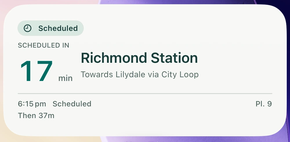 Enlarged current medium widget: scheduled in 17 minutes from Richmond Station towards Lilydale via City Loop, 6:15 pm, platform 9; then 37 minutes