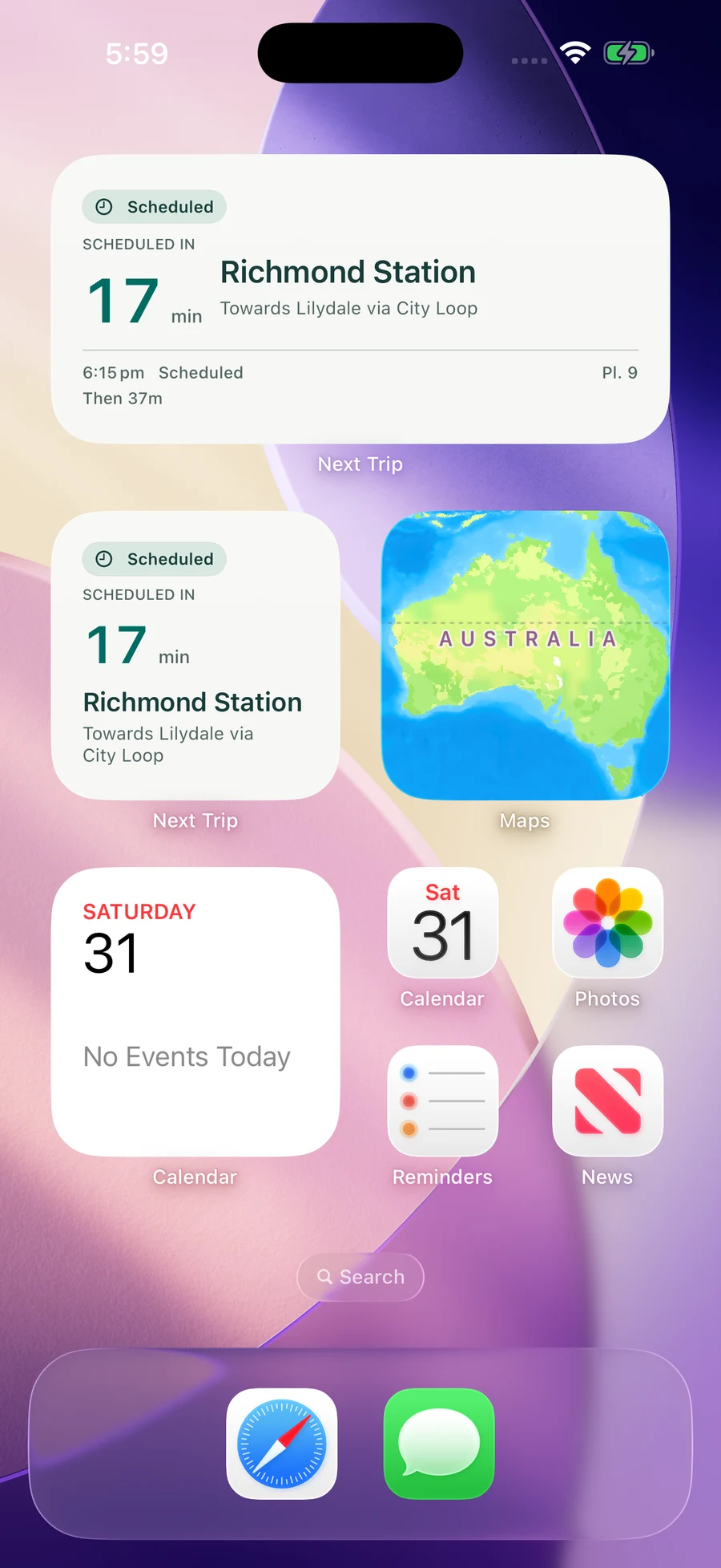 Time to Board small and medium Home Screen widgets in iOS, with Scheduled badges and teal countdowns for Richmond Station towards Lilydale via City Loop